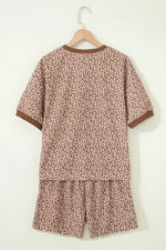 Leopard Print Ribbed Patchwork Half Button Loose Tee Elastic Waist Short 2pcs Set