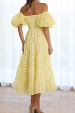 Off Shoulder Short Puff Sleeve Midi Dress