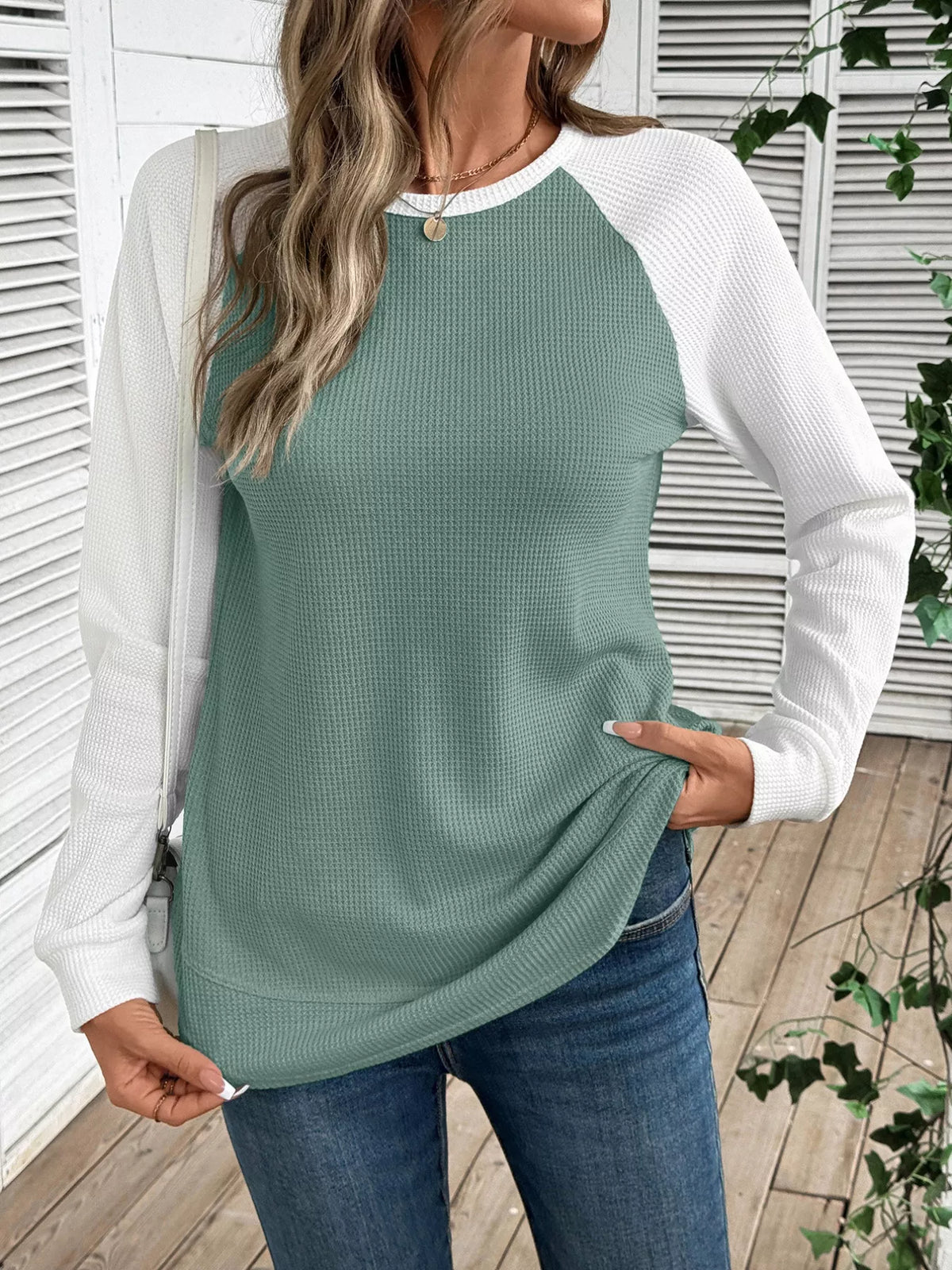 Contrast Raglan Sleeve Waffle Knit T-Shirt
