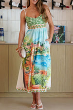 Gingham Bodice Scenic Print Midi Dress