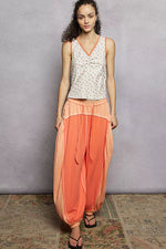 POL Ruched Floral V-Neck Tank with Lace Detail