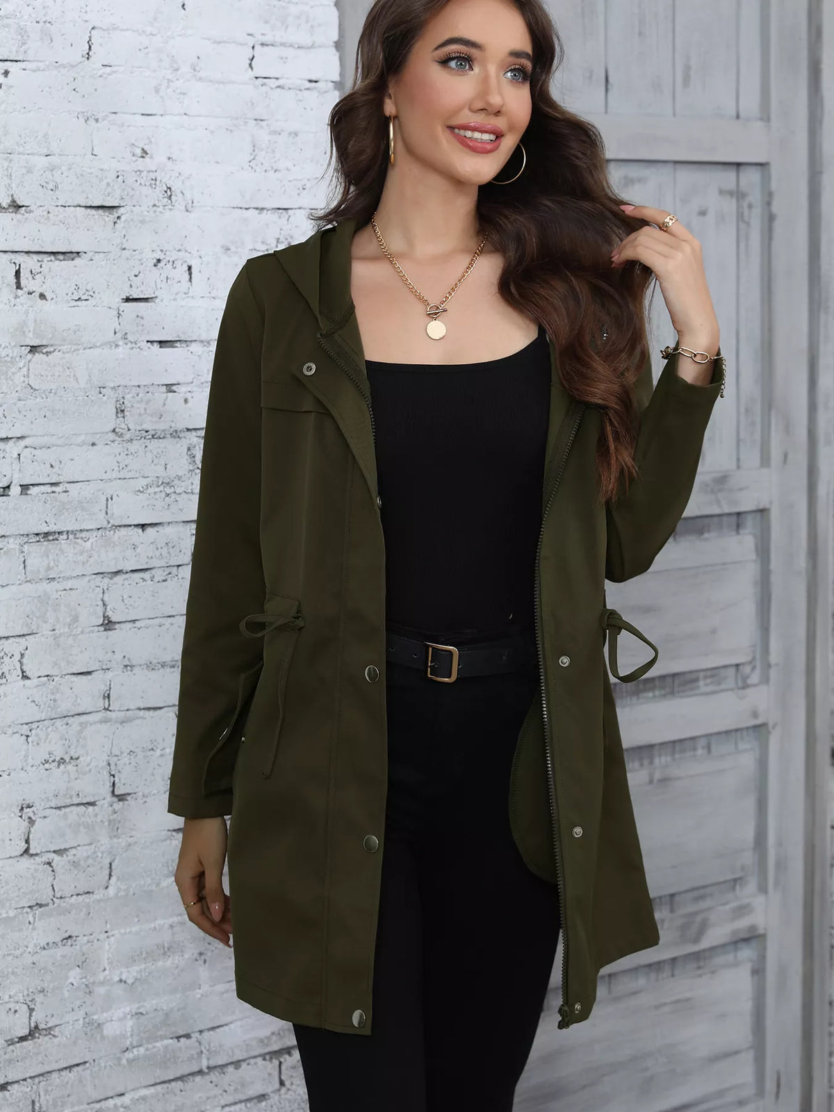 Hooded Drawstring Waist Casual Outerwear