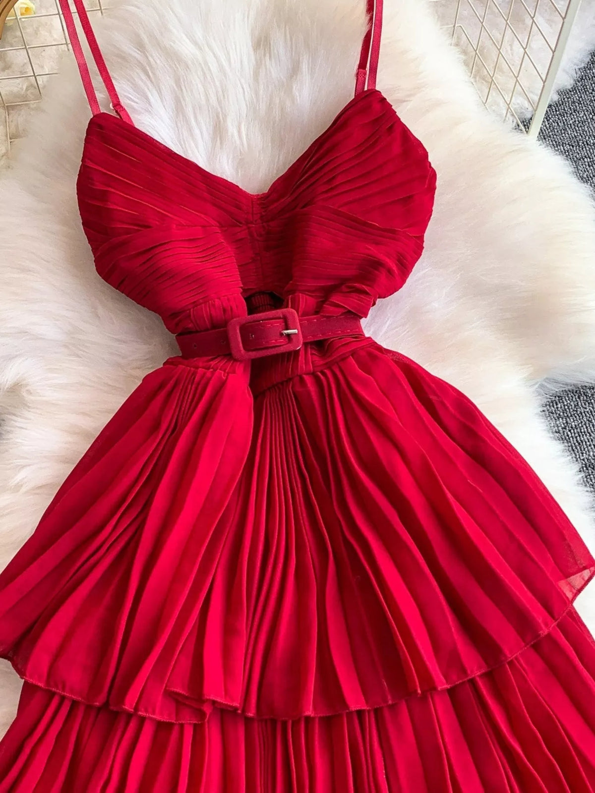 Pleated Layered Spaghetti Strap Midi Dress