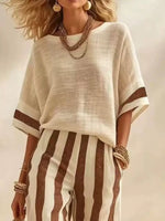 Full Size Striped Half Sleeve Top and Pants Set Plus Size