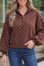 Polka Dot Print Metal Button Collar Casual Pullover Sweatshirt