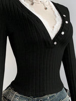 V-Neck Lace Trim Ribbed Knit T-Shirt