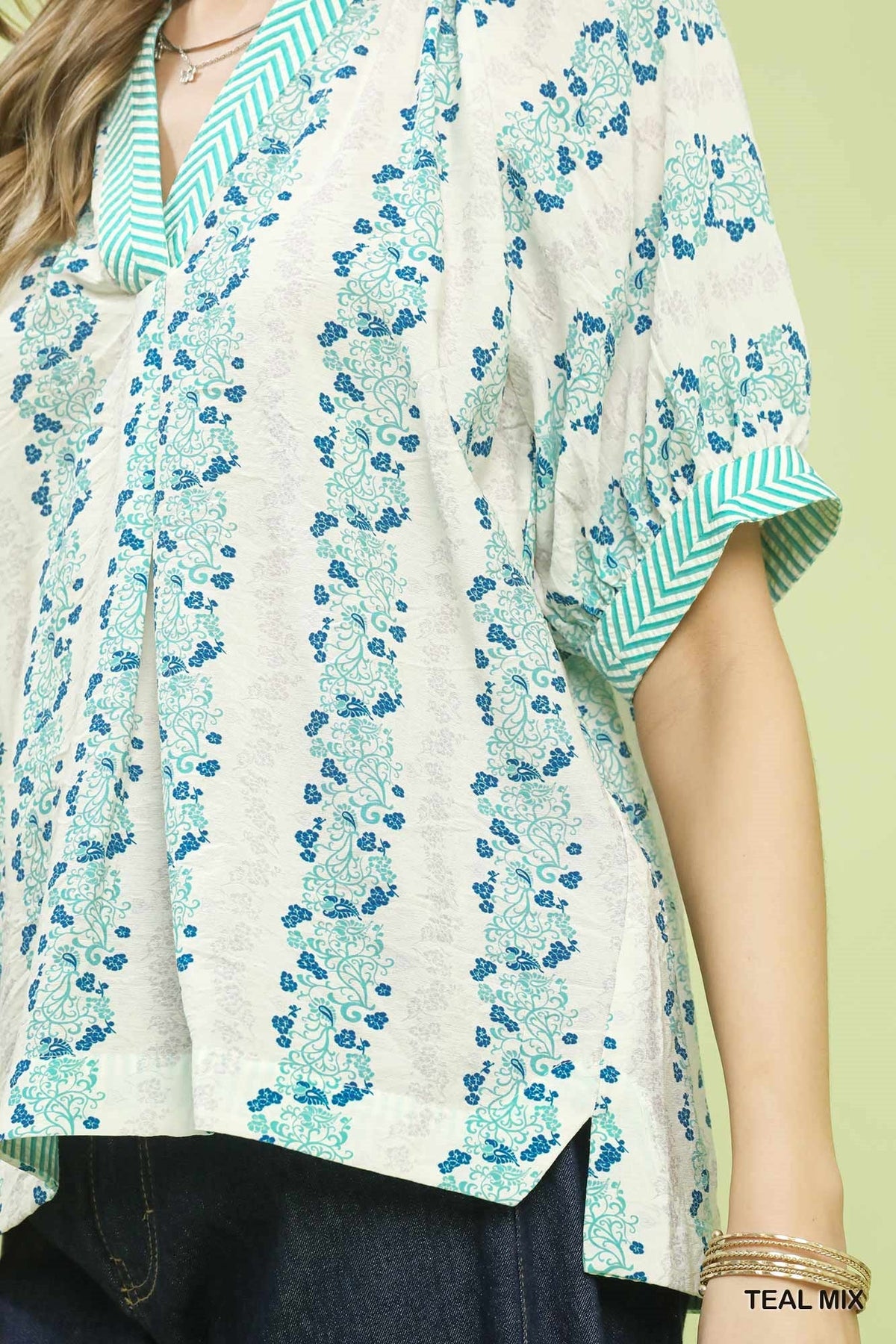 Umgee Mix Print Boho Blouse with Contrast Trim