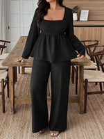 Plus Size Square Neck Long Sleeve Top and Pants Two-Piece Set