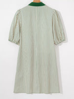 Stripe Color Block Patchwork Shirt Collar Button Down Puff Sleeve Mini Dress