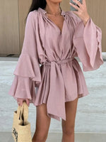 Bell Sleeve Tie Waist Mini Shirt Dress