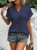 Openwork Notched Short Sleeve Blouse