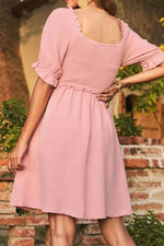 Short Sleeve Shirred Waist V-Neck Textured Mini Dress