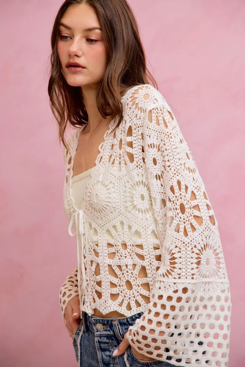 SO ME Floral Pattern Crochet Knit Tie Front Crop Cardigan