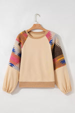 Sequined Rodeo Graphic Aztec Bubble Sleeve Patchwork Western Sweatshirt