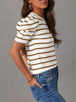 Striped Round Neck Puff Sleeve Knit Top