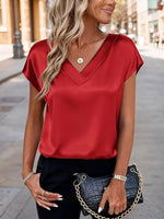 Satin V-Neck Short Sleeve Blouse