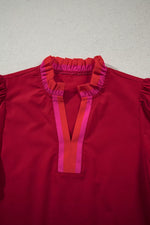 Ruffled Sleeve Notched Blouse with Striped Detail
