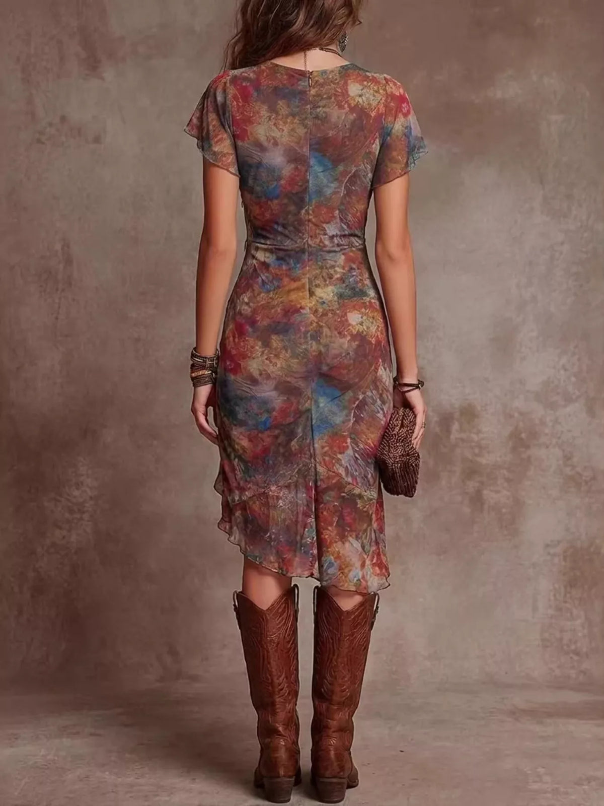 Floral Print V-Neck Midi Dress with High Slit