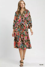 Umgee Abstract Print Embroidered Belted Midi Dress