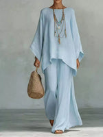 Solid Color Long Sleeve Top and Wide Leg Pants Set
