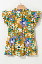 Floral Print Ruffle Cap Sleeve Tie Neck Top
