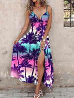 Feather Print Spaghetti Strap Split Dress