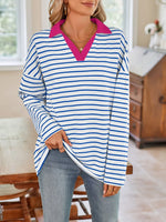 Lovelet Striped Johnny Collar Long Sleeve T-Shirt