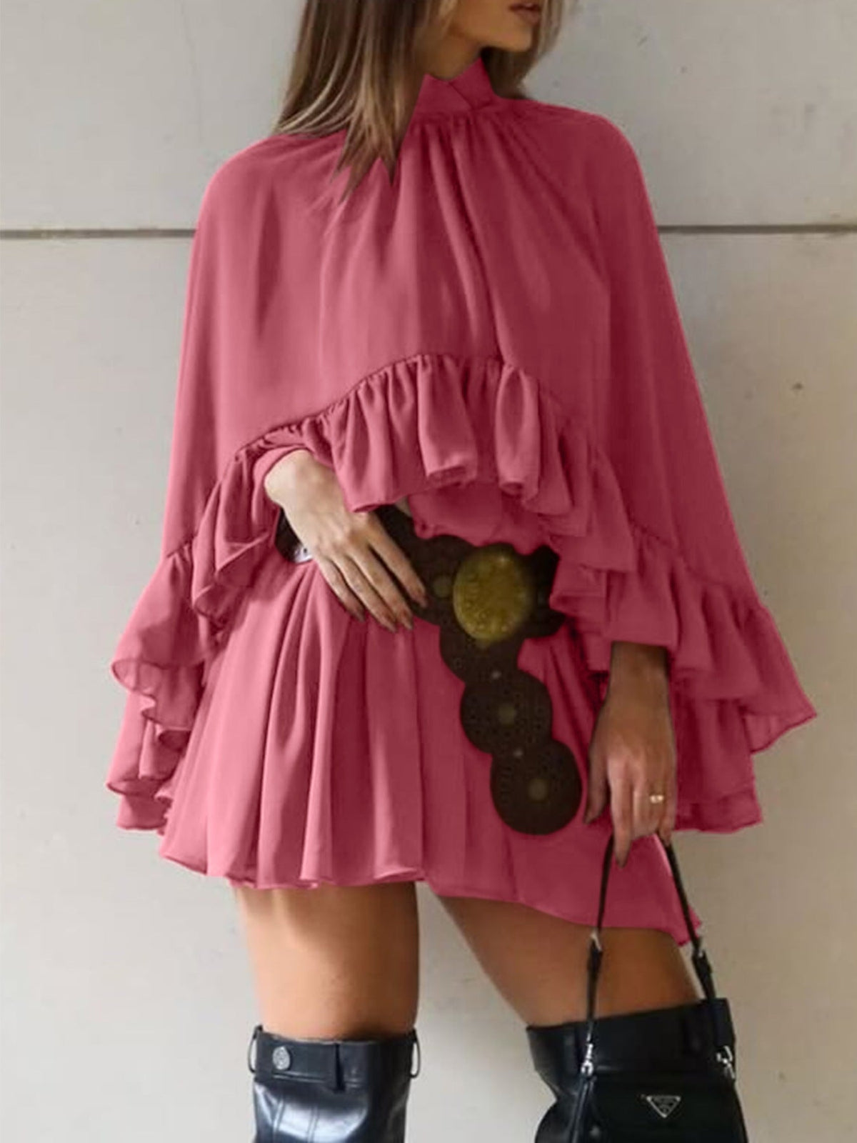 Ruffle Trim High Neck Mini Dress
