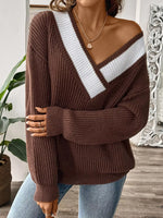 Contrast Trim V-Neck Ribbed Sweater