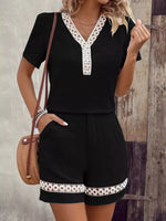 Lace Trim V-Neck Top and Shorts Two-Piece Set
