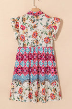 Floral Mixed Pattern Ruffle Flutter Sleeve Buttoned Dress