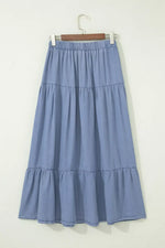Elastic Waist Ruffled Tiered Flared Denim Maxi Skirt