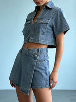Short Sleeve Cropped Top and Skort Denim Set