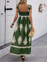 Smocked Printed Square Neck Maxi Dress