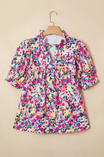 Flower Print Frilled Collar Short Puff Sleeve Summer Blouse