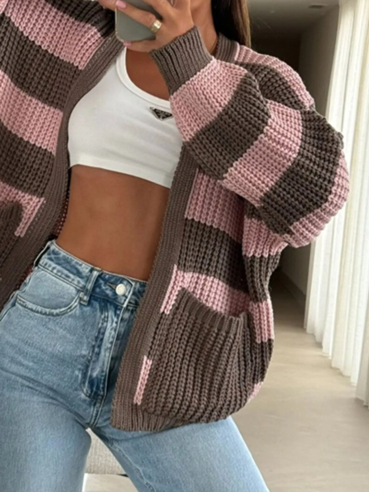 Striped Open Front Long Sleeve Cardigan