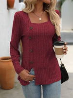 Mandy Decorative Button Striped Square Neck Long Sleeve T-Shirt