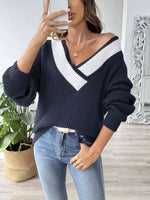 Contrast Trim V-Neck Ribbed Sweater