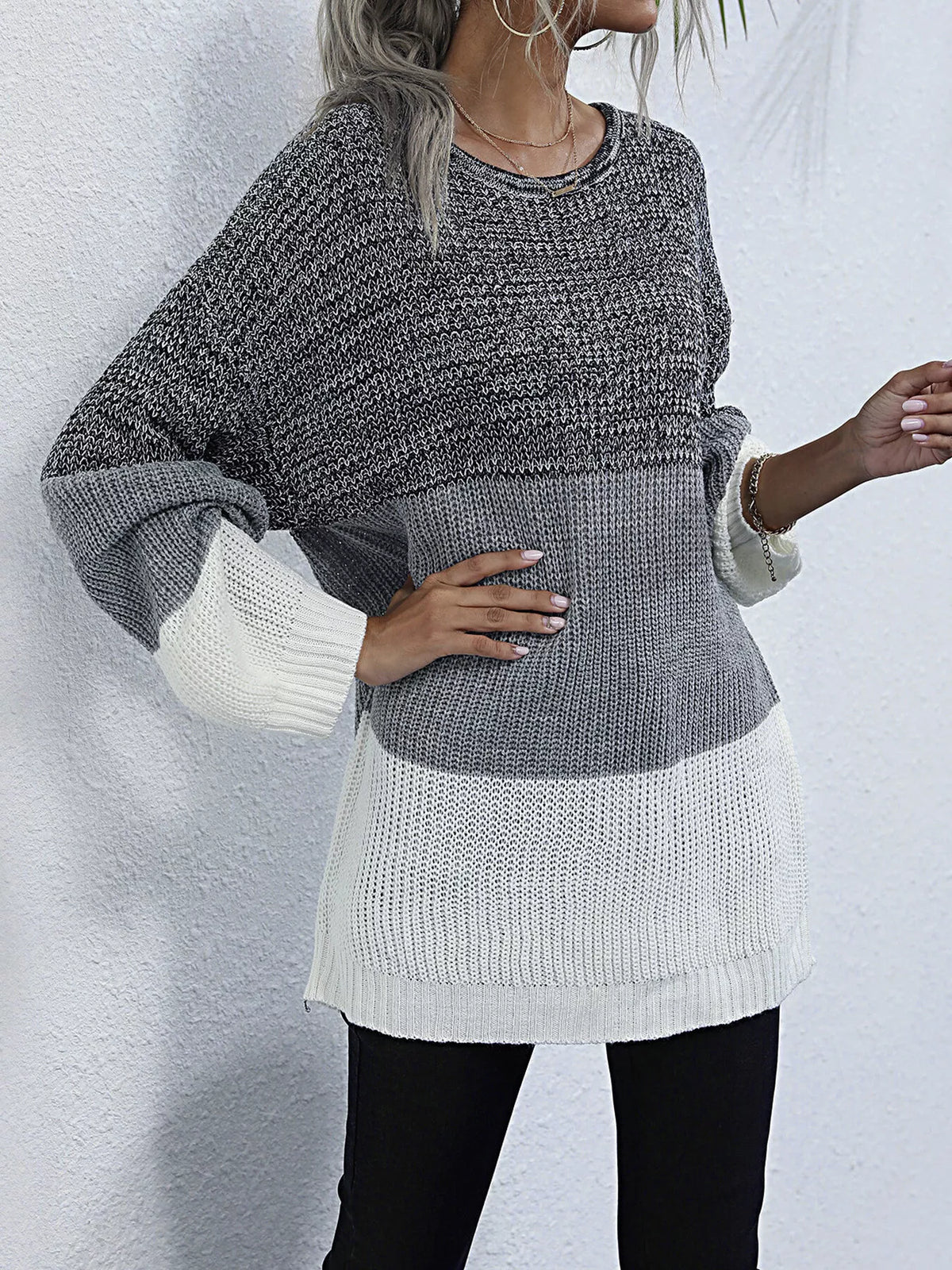 Color Block Round Neck Oversized Sweater