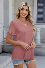 Ruffled V-Neck Short Sleeve Blouse
