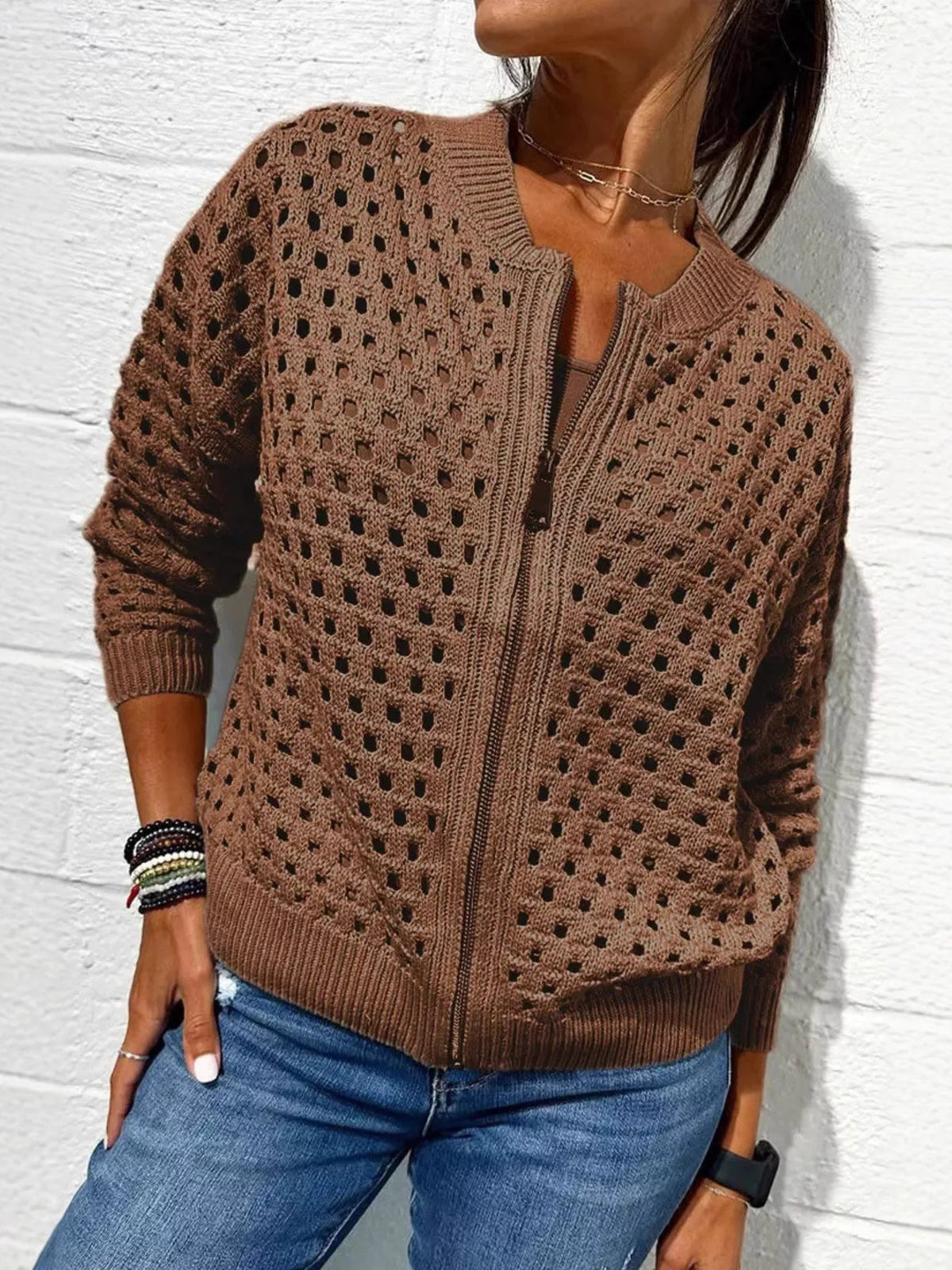 Full Size Zip Up Long Sleeve Cardigan with Eyelet Detail Plus Size