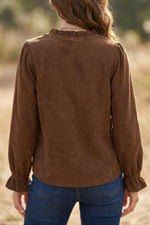Solid Color Ruffle Trim V Neck Long Sleeve Button Corduroy Shakcet