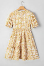 Floral Short Sleeve Surplice Frilly Tiered Mini Dress