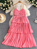 Pleated Layered Spaghetti Strap Midi Dress
