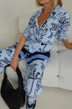 Printed Button Up Shirt and Pants Set Plus Size