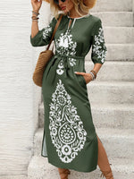 Side Slit Printed Tie Neck Dress
