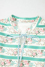 Striped Floral Print Tie Neck Puff Sleeve Midi Dress