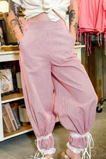 Stripe Contrast Lace Ribbon Tie Detail Wide Leg Pants