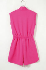 Textured Short Sleeve Half Zip Drawstring Waist Romper