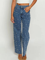 Pearl Embellished High Waist Straight Leg Jeans